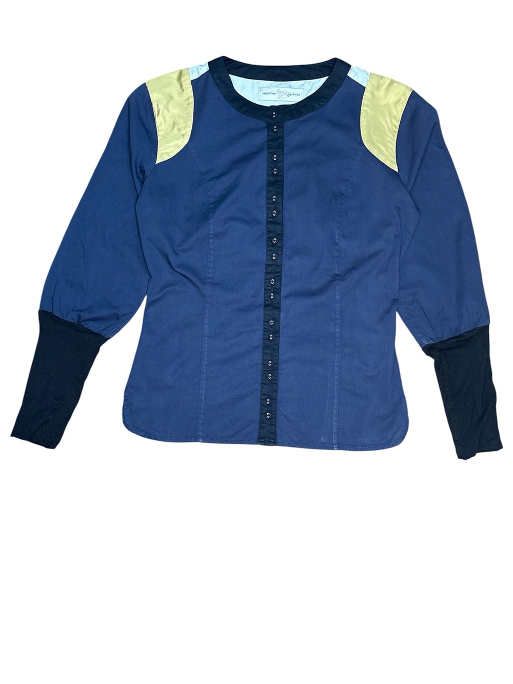 Valentine Gauthier Paris blouse button front cotton silk blue color block Small